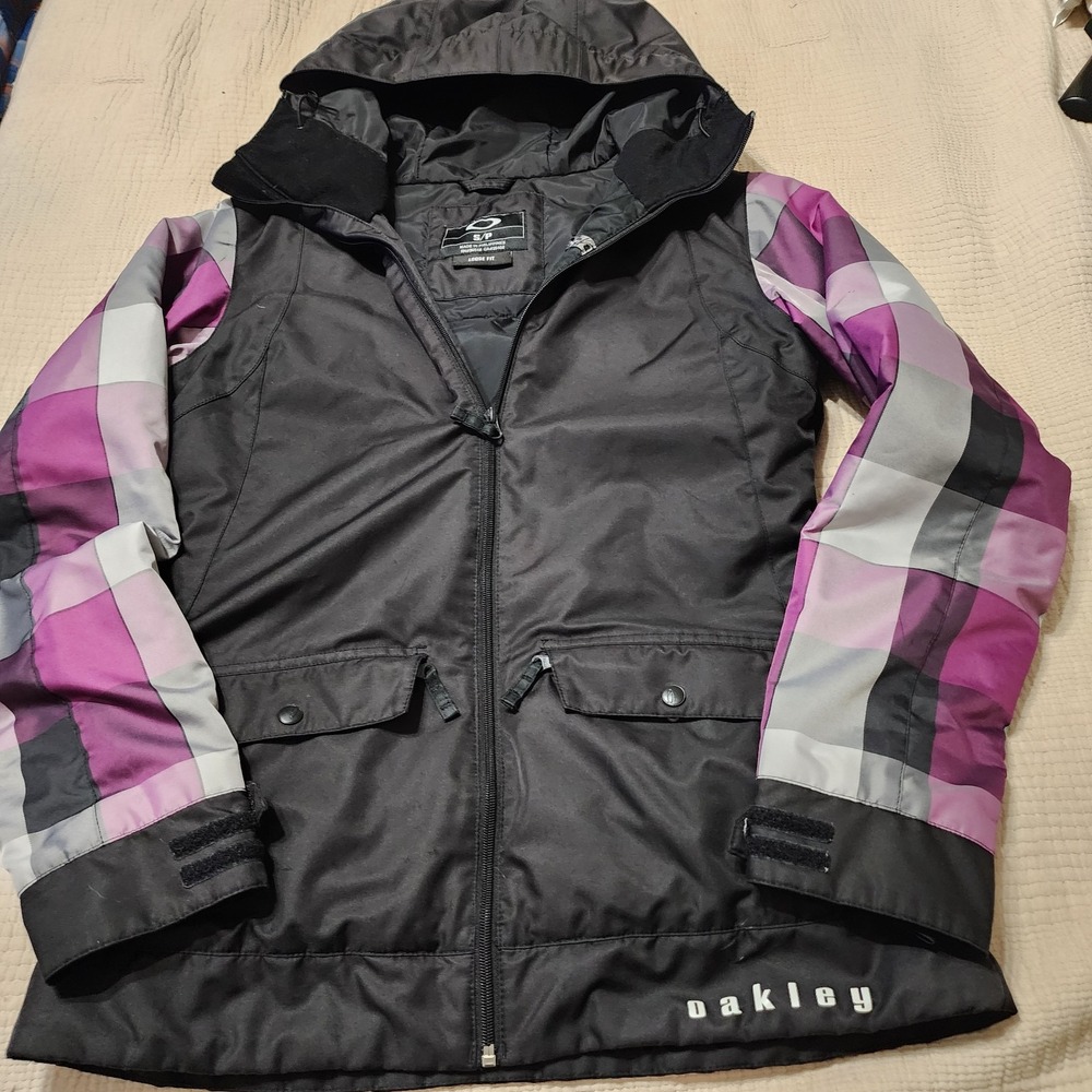 Oakley‎ Jacket Winter Ski Snowboard Coat Hood Purple Plaid Size Small Features